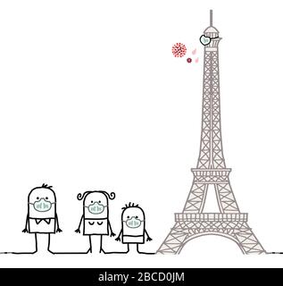 Cartoon-Leute in Paris mit Eiffelturm und Masken gegen den Virus Stock Vektor