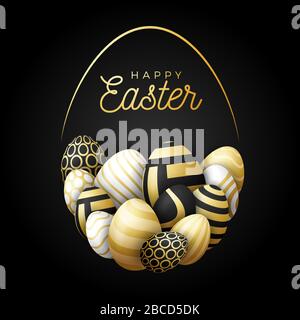 Luxuriöse Happy easter Karte mit Eiern. Viele schöne goldene realistische Eier werden in Form eines großen Eies angelegt. Vektorgrafiken für ostern auf B. Stock Vektor