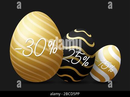 Luxus-Osterei-Verkauf horizontales Banner. Goldene Osterkarte mit drei realistischen Eiern, goldverzierten Eiern auf schwarzem modernem Hintergrund. Vektor illustriert Stock Vektor