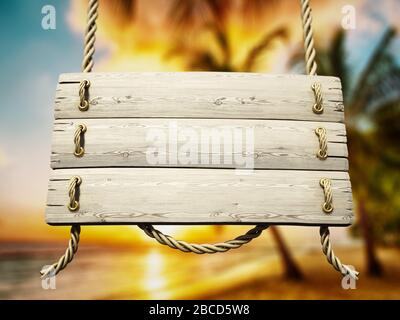Alte Holzplanke mit Seil auf Ferienresorthintergrund gefesselt. 3D-Abbildung. Stockfoto
