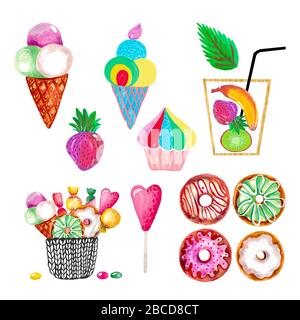 Aquarell Illustration Clipart Desserts. Eis, Cupcakes, Donuts, Cocktail, Lollipop, Erdbeere Stockfoto