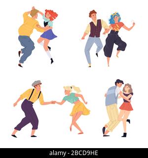 Vektor-Illustration von Paaren tanzen Twist Set. Junge Männer und Frauen tanzen auf Retro-Party oder nostalgischer Diskothek der 1950er, 1960er und 1970er Jahre. Flache Karikatur c Stockfoto