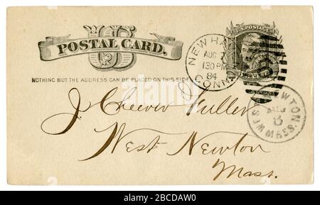 New Haven, Connecticut - West Newton, Massachusetts, USA - 7. Bis 8. August 1884: US Historical Postal Card mit aufgedrucktem Ein-Cent-Stempel, Fancy CANCEL Stockfoto