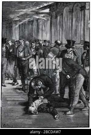 Das Attentat auf Spencer Perceval im House Of Commons, 1812; Schwarz und weiß-Abbildung; Stockfoto