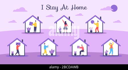 Menschen zu Hause. Während der Selbstquarantäne werden verschiedene Aktivitäten durchgeführt. Abbildung: Vorgänge in der Selbstquarantäne. Soziale Distanzierung Stock Vektor