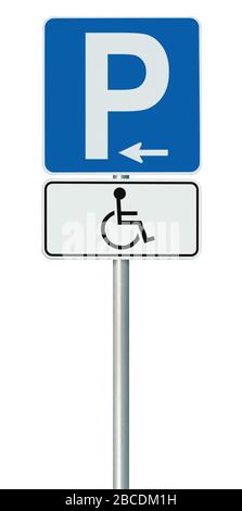 Kostenlose Handicap Behindertes Parkplatz Straßenschild, nur isolierte Blue Badge-Halter für Behinderte, weißer Traffic P-Hinweis Pfeil links, vertikale Pole Post Stockfoto