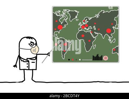 XDCartoon man mit Maske, die eine Weltkarte mit viralen Epidemiepunkten zeigt Stock Vektor