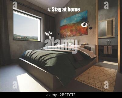 Innenrendering mit der Meldung "zu Hause abhallt" Stockfoto