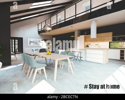 Innenrendering des modernen Hauses mit der Botschaft "zu Hause absehen" Stockfoto