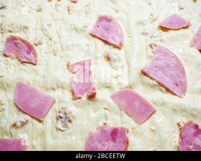 Rosafarbene Schinkenstücke liegen auf Teig, der mit Mayonnaise bestmiert wurde Stockfoto