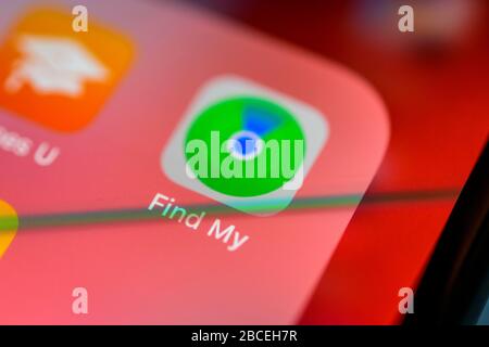 Apple Find My iPhone App, Symbol, Logo, Display, Bildschirm, iPhone, App, Handy, Smartphone, iOS, Detail, Vollformat Stockfoto