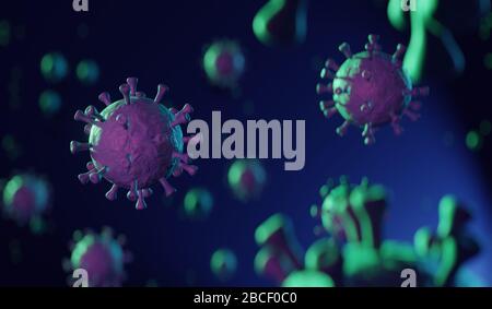 Coronavirus schwimmt in flüssigkeitsmikroskopischer Ansicht, einem Konzept für Pandemie oder Virusinfektion in 3D Stockfoto
