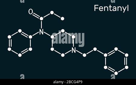 Fentanyl, Fentanil, C22H28N2O-Molekül. Es ist opioid analgetikum. Strukturelle chemische Formel auf dem dunkelblauen Hintergrund. Abbildung Stockfoto