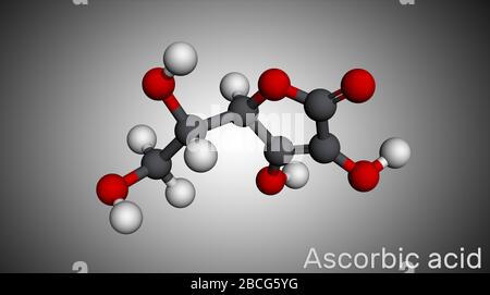 Ascorbinsäure, Vitamin C, C6H8O6-Molekül. Lebensmittelzusatzstoff E300. Molekularmodell. 3D-Rendering Stockfoto