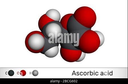 Ascorbinsäure, Vitamin C, C6H8O6-Molekül. Lebensmittelzusatzstoff E300. Molekularmodell. 3D-Rendering Stockfoto