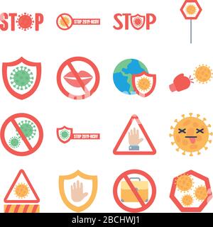 Abschirmt und stoppt das Kovid19-Symbol, über weißem Hintergrund, flacher Stil, Vektordarstellung Stock Vektor