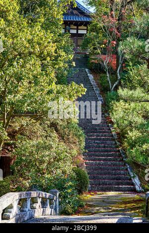 Treppe zu einem kleinen Sommerhaus im japanischen Garten Stockfoto