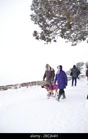 Grand Canyon, AZ., USA 31. Dezember 1, 2019. Grand Canyon Silvester und Neujahr 2019 schneereichen South Rim Fußweg in der Nähe des Hotels El Tovar Stockfoto