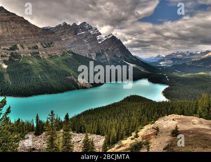 Vogelperspektive auf den atemberaubenden Peyto Lake im Icefield Parkway Banff National Park Stockfoto