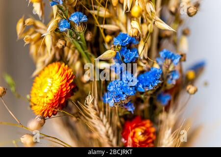 Blumenarrangement didukh Macro Closup in traditioneller ukrainischer Tradition zu Weihnachten auf Fensterbank mit getrocknetem Blumenstrauß im Winter Stockfoto