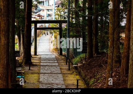 Takayama, Japan Higashiyama-Wanderkurs in der historischen Stadt in der Präfektur Gifu mit Torii-Tor-Eingang zum Shinmei-Schrein und Steinlaterne von Zemeter Stockfoto