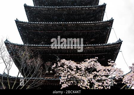 Hokan-JI-Tempel mit Yasaka-no-to- oder Holz-Yasaka-Pagode mit abschüssigen Tierdächern in der historischen Altstadt von Kyoto im Higashiyama District während des Regenrinis Stockfoto