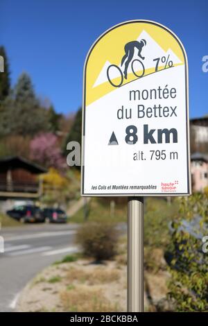 Montée du Bettex. 8 km. 7% de dénivelé. Höhe 795 m. Cyclisme. Saint-Gervais-les-Bains. Savoie. Frankreich. Stockfoto
