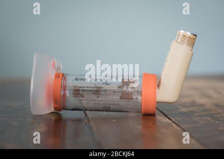 London, Großbritannien - 3. April 2020 - Clenil (Beclomethasone) Inhalator und Säugling Aerokammer-Distanzstück; häufig verordnete Medikamente zur Asthmabehandlung Stockfoto