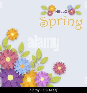 Hello Spring Saison Grußkarte Illustration der schönen handgezogenen Blumendekoration und Schriftzug Textzitat. Farbenfrohes Naturdesign für den Urlaub Stock Vektor