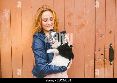 Junge kaukasische rothaarige Frau, die einen Hund von Chihuahua hält, brütet auf einem Holzhintergrund an den Händen. Das Thema Liebe zu Tieren, Schutz von Stockfoto