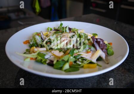 Gemischter vegetarischer Biosalatteller mit Tomaten, Eiern, Paprika, Lammsalat, Balsamico-Essig, Croutons und Joghurt Dressing, Produktbild Stockfoto