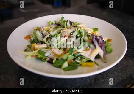 Gemischter vegetarischer Biosalatteller mit Tomaten, Eiern, Paprika, Lammsalat, Balsamico-Essig, Croutons und Joghurt Dressing, Produktbild Stockfoto