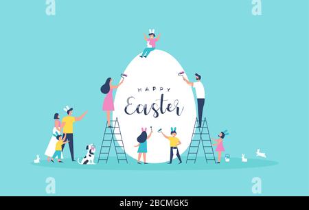 Frohe Ostern Grußkarte Illustration von lustigen Familienangehörigen und Kaninchen, die große weiße Kopie Raum Ei zusammen für besondere Frühlingsferienveranstaltung malen Stock Vektor