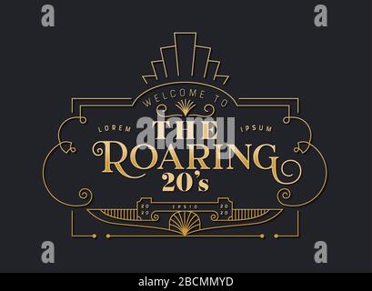 Die 20-er-Hintergrundvorlage im Art-Deco-Stil. Goldener und schwarzer Retro-Rahmen mit traditioneller geometrischer Liniendekoration, Textzitat, Orna Stock Vektor