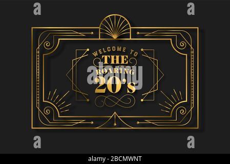 Der stylische 20-er abstrakte Hintergrundrahmen im Art-Deco-Stil. Goldenes und schwarzes Retro-Design mit traditioneller geometrischer Liniendekoration, Textquot Stock Vektor