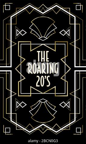 Der stylische 20-er abstrakte Hintergrundrahmen im Art-Deco-Stil. Goldenes und schwarzes Retro-Design mit traditioneller geometrischer Liniendekoration, Textquot Stock Vektor