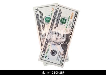 Zwei zwanzig US-Dollar-Banknoten auf weißem Hintergrund isolierten Nahaufnahme, 20 us-Dollar-Fan, fanierte Geldpapier-Geld Draufsicht Stockfoto