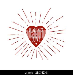 Handgezeichnete rote Herzdarstellung mit Textwörtern "All You Need is Love"-Phrase Stockfoto