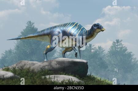 Maiasaura, ein Hadrosaur, auf Felsbrocken auf einem Hügel. Diese Ente abgerechneten Dinosaurier, jetzt ausgestorben, war ein Pflanzenfresser, die während der kreidezeit lebte. Stockfoto