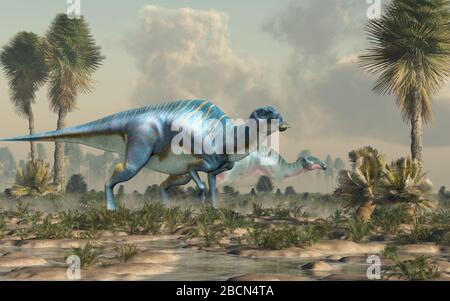 Maiasaura, ein Hadrosaur, der in einem Feuchtgebiet grast. Diese Ente abgerechneten Dinosaurier, jetzt ausgestorben, war ein Pflanzenfresser, die während der kreidezeit lebte. Stockfoto