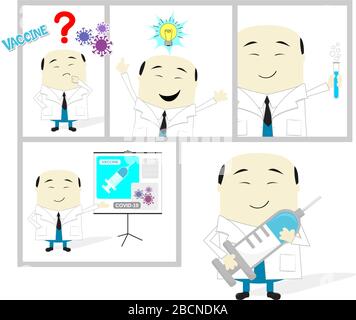 Cartoon-Storyboard des asiatischen Wissenschaftlers, der einen Impfstoff gegen Coronavirus entwickelt. Isoliert auf weißem Hintergrund Stock Vektor