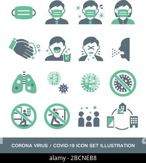 Corona Virus (Kovid 19) Verwandte Vektorsymbole (2 Farbtöne) Illustrationssatz Stock Vektor