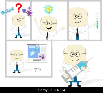 Cartoon-Storyboard des Wissenschaftlers, der einen Impfstoff gegen Coronavirus entwickelt. Isoliert auf weißem Hintergrund Stock Vektor