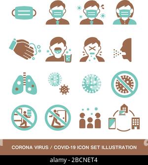 Corona Virus (Kovid 19) Verwandte Vektorsymbole (2 Farbtöne) Illustrationssatz Stock Vektor