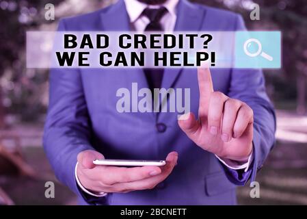 Text Zeichen zeigen schlechte Creditquestion Wir helfen können. Business foto Präsentation offerr helfen, positive Zahlung Geschichte zu gewinnen Stockfoto