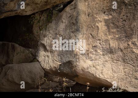 Touristenattraktion von Baku prähistorische Petroglyphen. Gobustan, Aserbaidschan. Stockfoto