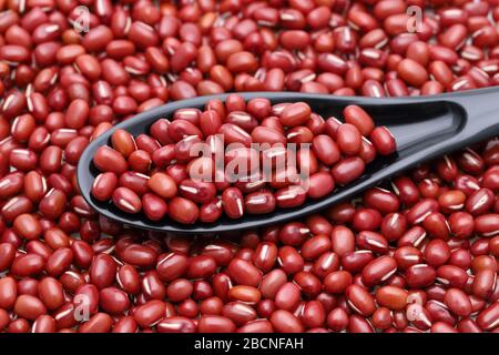 Nahaufnahme von azuki roten Bohnen mit Holzlöffel Stockfoto