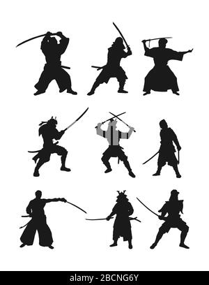 Vektor-Satz flacher Samurai-Silhouetten isoliert auf weißem Hintergrund, flaches modernes Design. Stock-Illustration für Websites und Apps Stock Vektor