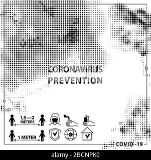 Hintergrund der Halbtonerkrankung. Spaching Virus COVID-19. Bleiben Sie zu Hause, waschen Sie Ihre Hände, tragen Sie Maske und halten Sie Abstand. Stock Vektor