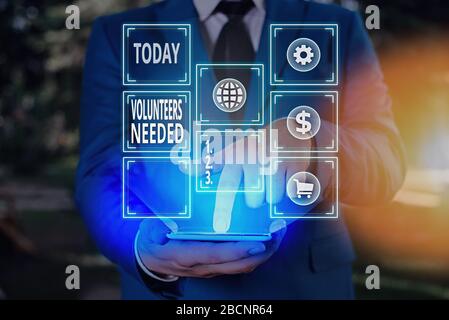 Schreiben Hinweis angezeigt Freiwillige gesucht. Business Konzept für die Arbeit oder Hilfe für Organisation, ohne bezahlt zu werden Stockfoto